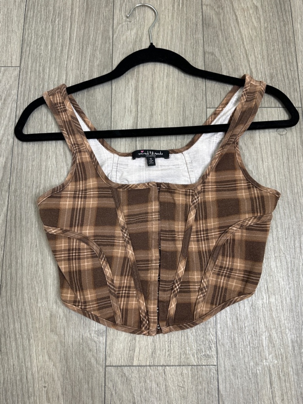Brown Plaid Crop Top Hook and Eye Front Size Small | Grunge